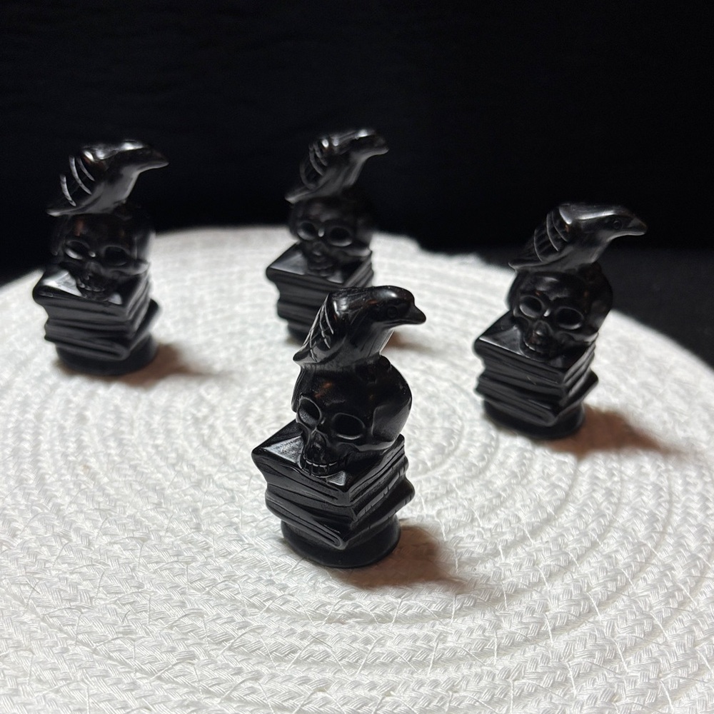 Sinister Black Obsidian Skull and Raven on books carving